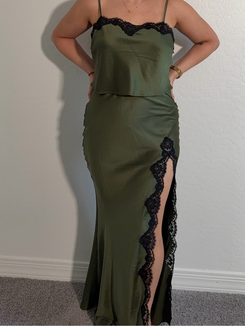 Victoria's Secret Olive Green Satin Backless Slip Dress with Black Lace
